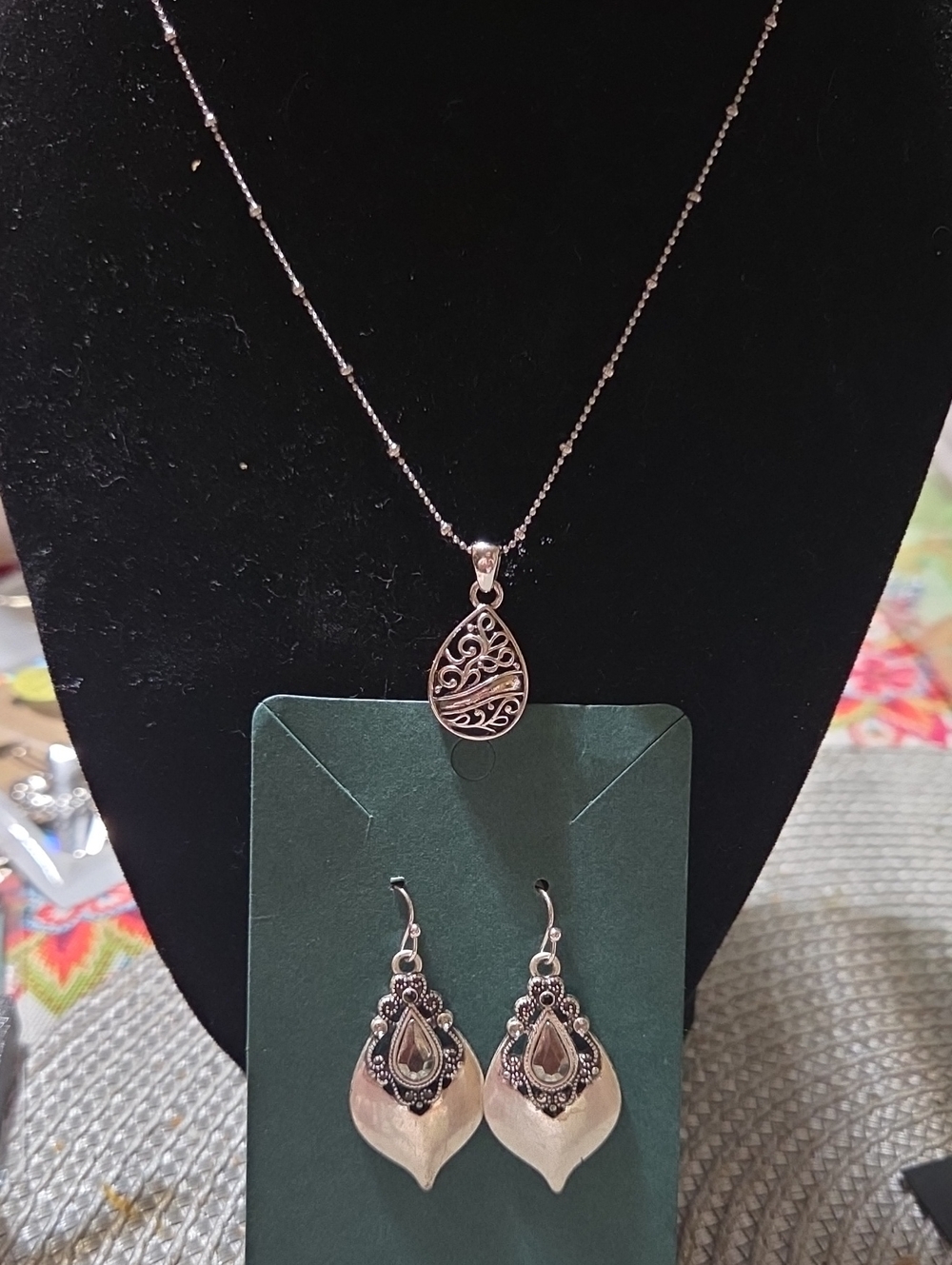 Lia Sophia: Retired Silver-Tone Filigree Teardrop Necklace & Earrings